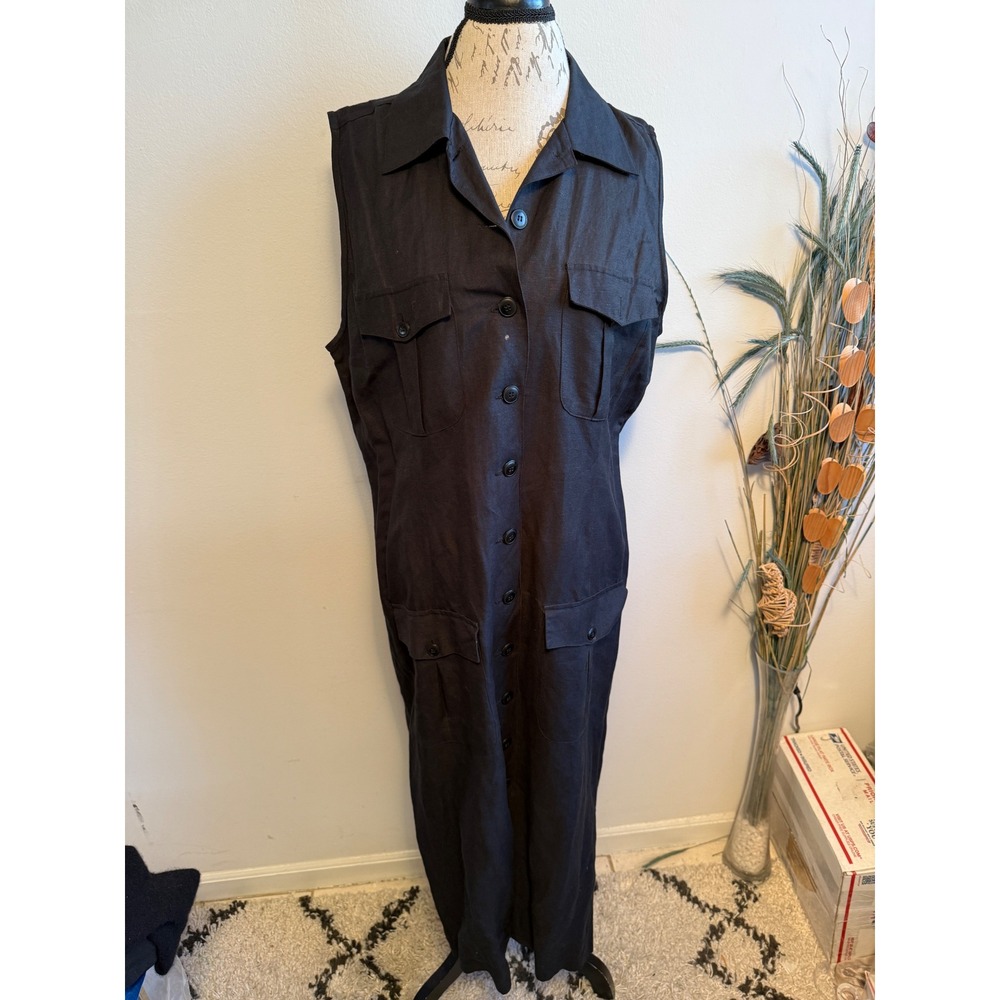 Jacque and Koko Linen Rayon Black Button Front Sleeveless‎ Maxi Dress Size 16 - Picture 2 of 7